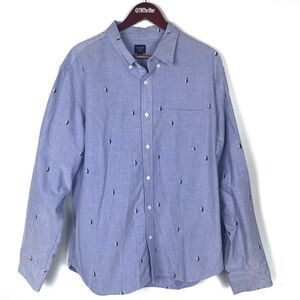 J.Crew Flex 100% Cotton Button-Down Sailboat Print Dress Shirt Mens Size XL Blue